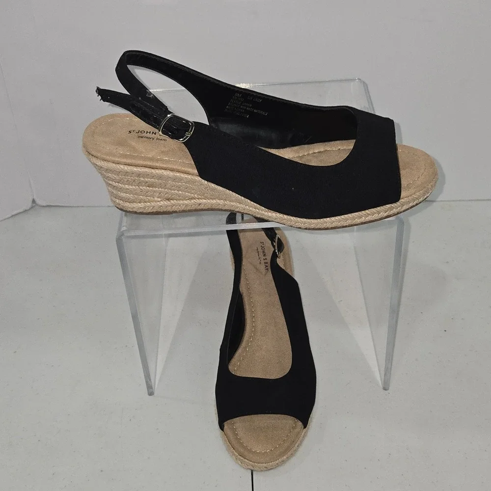 St Johns Bay SJB Lindy Black Wedge Sandal Memory Foam Espadrille 9M 106-1682